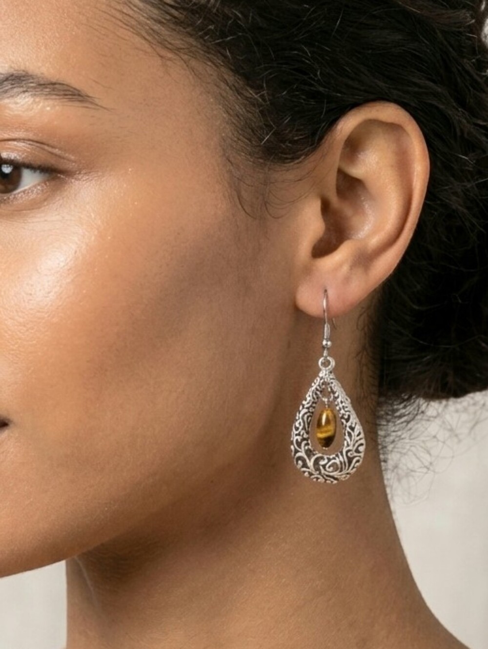 Teardrop Earrings With Tigers Eye Stone Beads